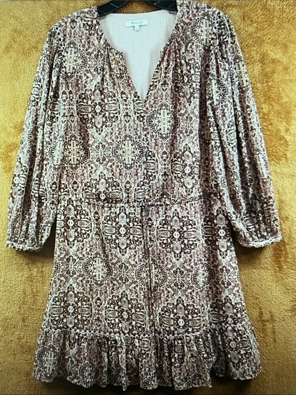 Madewell Long Sleeve Printed Midi Dress in Beige and Brown